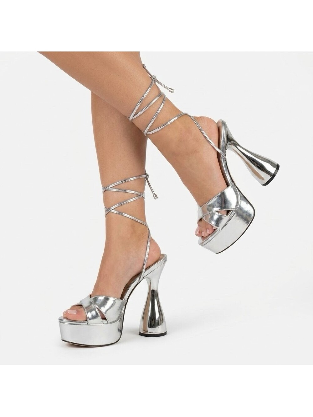 ISNOM Metallic Silver Lace Up Platform High Heels Sandals Size 8 EU 38